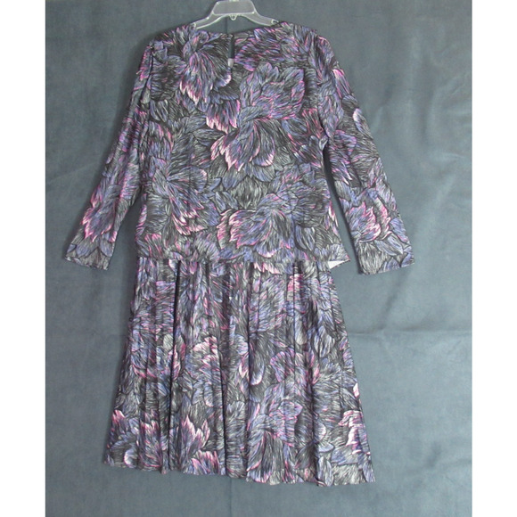 Vintage MCS Ltd Dress Size XL Gray Purple Secretary Geek Pleated Modest 80s Maxi - Picture 4 of 10